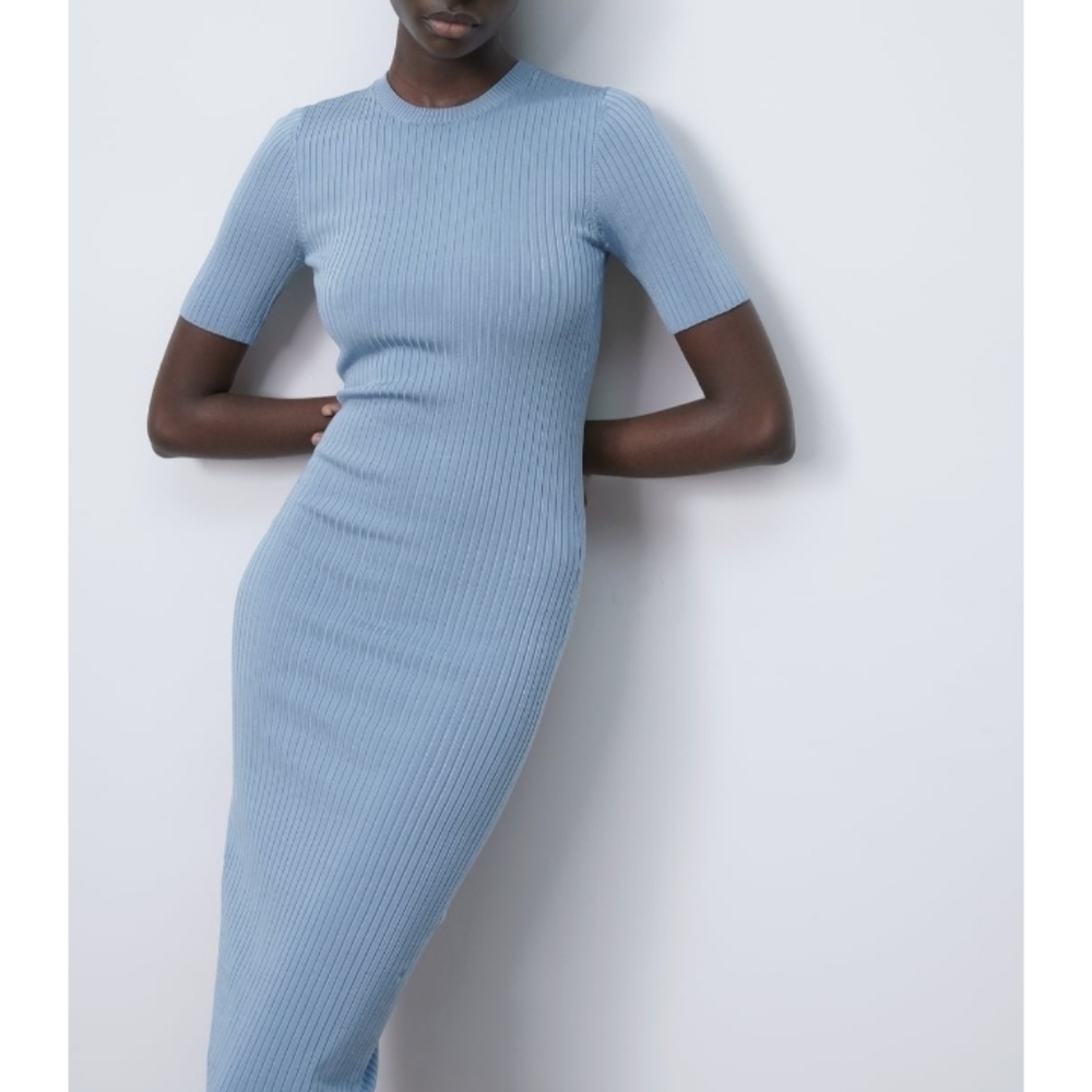 Zara back vent Short Sleeve Knit Stretch Midi dress Sz-S - Picture 2 of 8